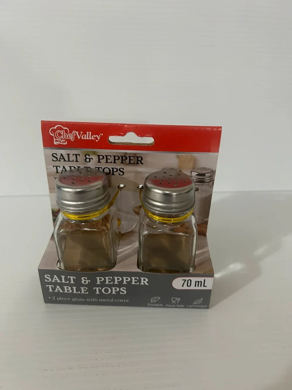 Chef Valley Salt and Pepper Shaker Set, 2-Piece Glass Shakers with Metal Lids, 7